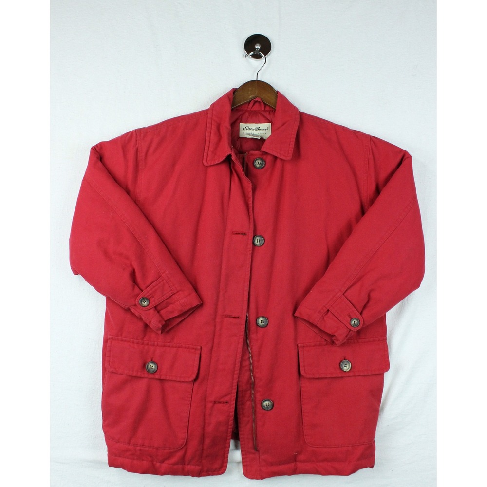Eddie Bauer Womens Red Cotton Canvas Goose Down Parka Jacket Medium R713